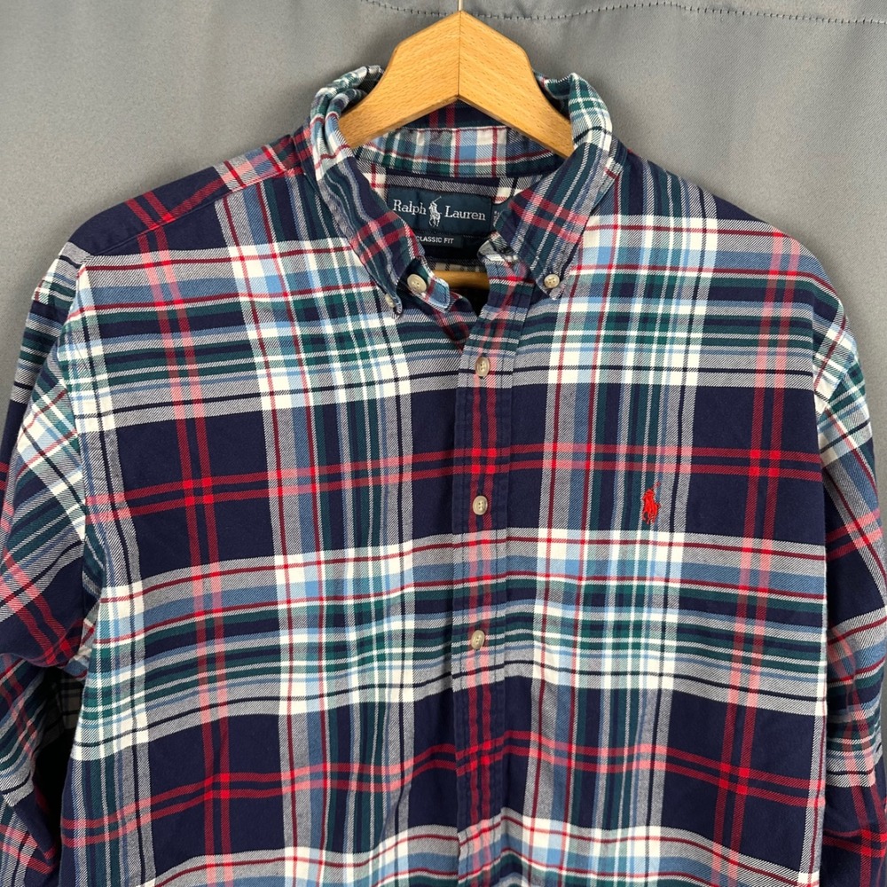 Ralph Lauren Mens XL Classic Fit Plaid Button Down Shirt Navy Red Long Sleeve - Picture 2 of 8
